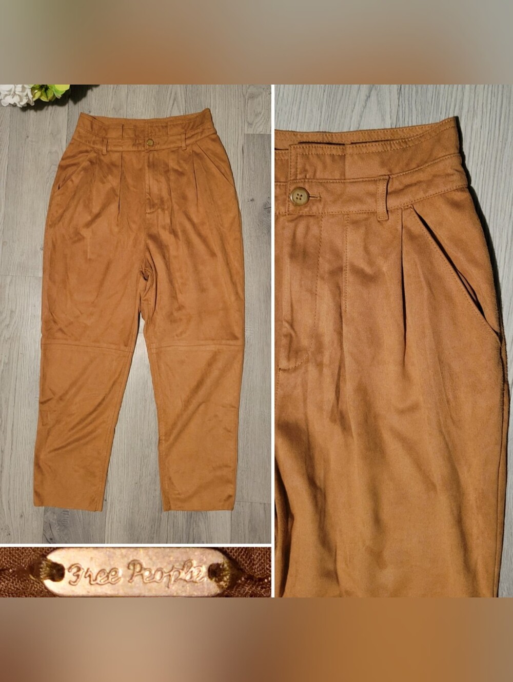 Free People Nightfall Vegan Suede Camel Tan High-Waist Paperbag Crop Pants, US 6